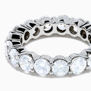 The 14K White Gold Prong Set Diamond Eternity Band, 4.00 TCW, showcases a seamless row of round white diamonds in prong settings, crafted in stunning 14K white gold and presented on a plain white background.