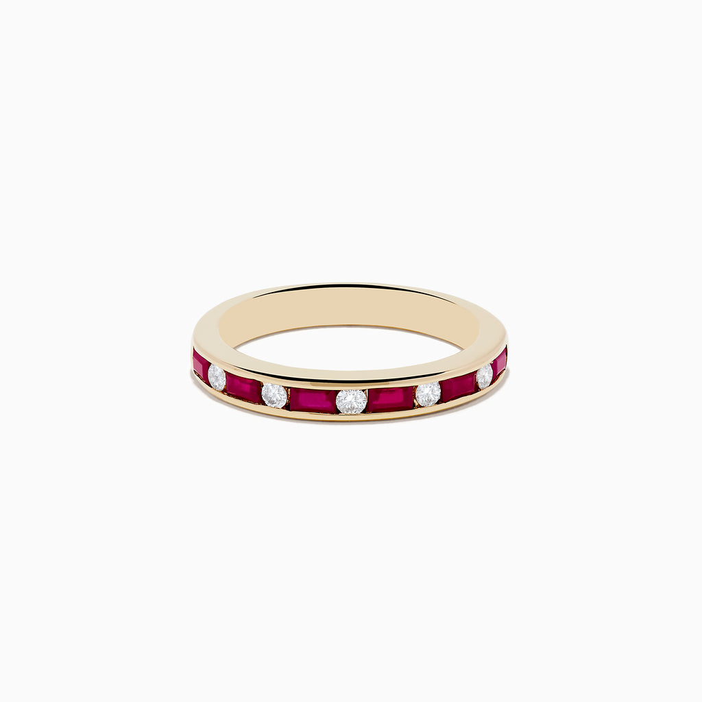 The Ruby Royal 14K Yellow Gold Ruby and Diamond Channel-Set Stacking Band, 0.72 TCW, features alternating round white diamonds and rectangular red rubies in a channel-set design, displayed on a plain white background.