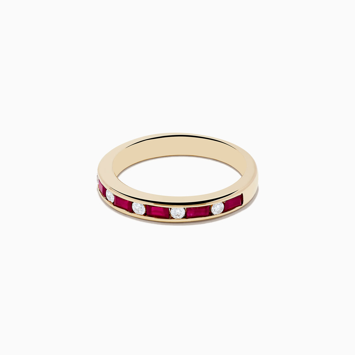 The Ruby Royal 14K Yellow Gold Ruby and Diamond Channel-Set Stacking Band, 0.72 TCW, features alternating round white diamonds and rectangular red rubies in a channel-set design, displayed on a plain white background.