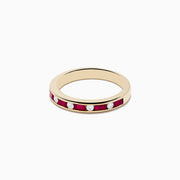 The Ruby Royal 14K Yellow Gold Ruby and Diamond Channel-Set Stacking Band, 0.72 TCW, features alternating round white diamonds and rectangular red rubies in a channel-set design, displayed on a plain white background.