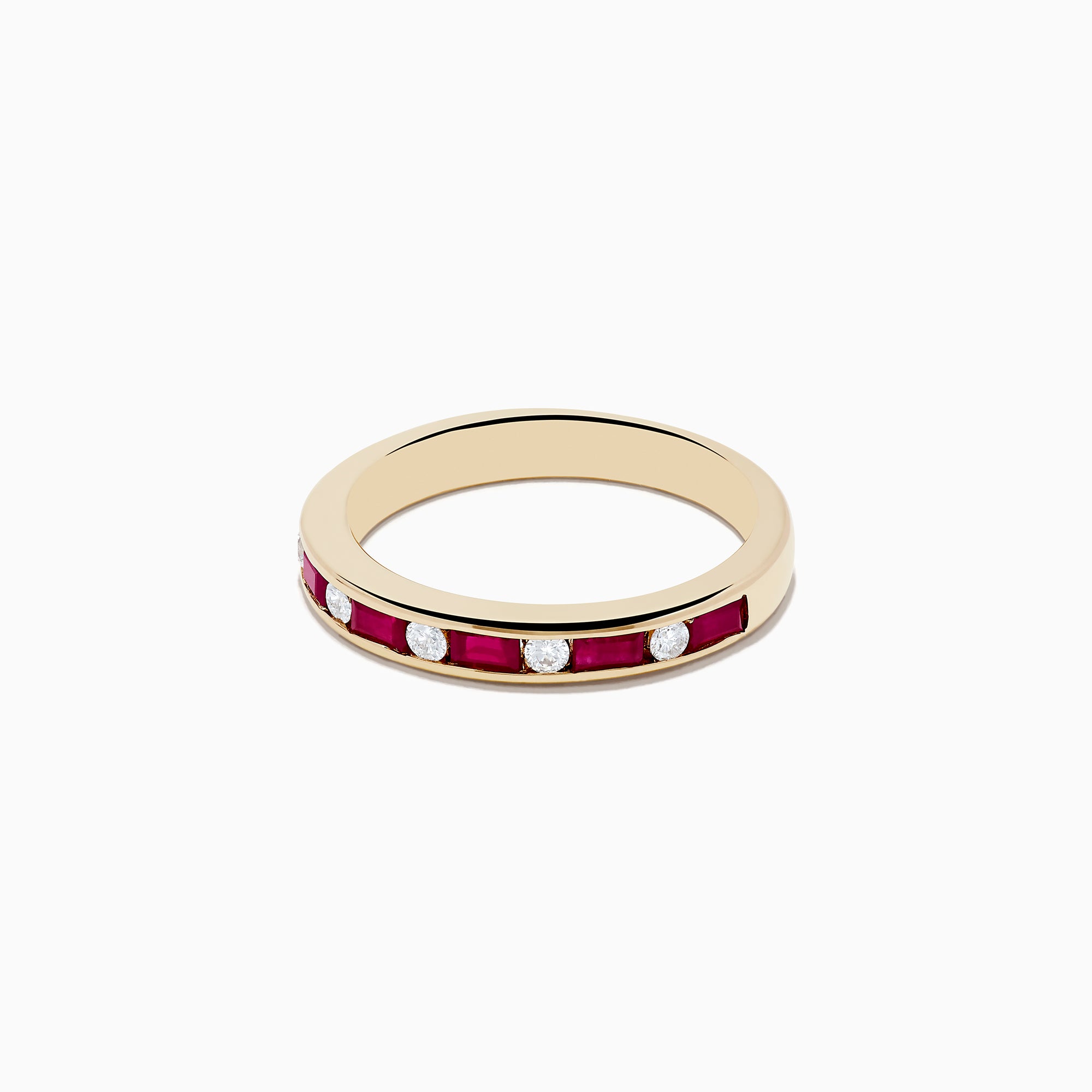 The Ruby Royal 14K Yellow Gold Ruby and Diamond Channel-Set Stacking Band, 0.72 TCW, features alternating round white diamonds and rectangular red rubies in a channel-set design, displayed on a plain white background.