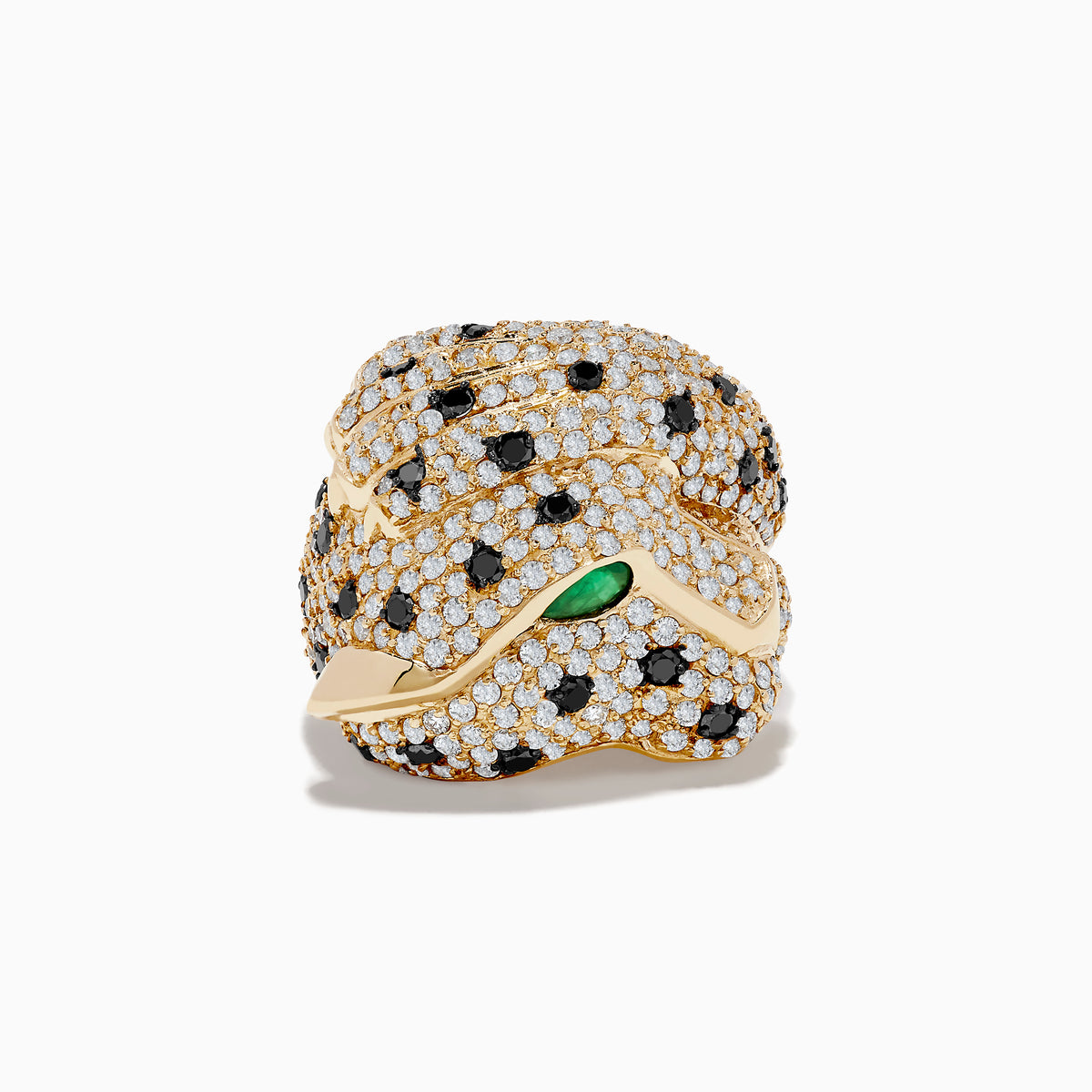 The Signature 14K Yellow Gold Emerald, Black and White Diamond Ring features a panther-inspired design with white and black diamond accents and an emerald gemstone eye, elegantly displayed against a white background.