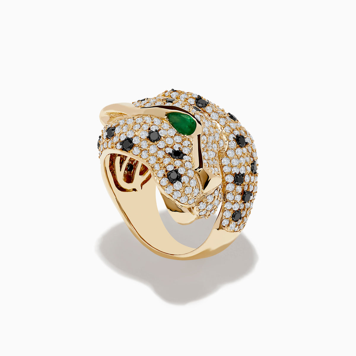 The Signature 14K Yellow Gold Emerald, Black and White Diamond Ring features a panther-inspired design with white and black diamond accents and an emerald gemstone eye, elegantly displayed against a white background.