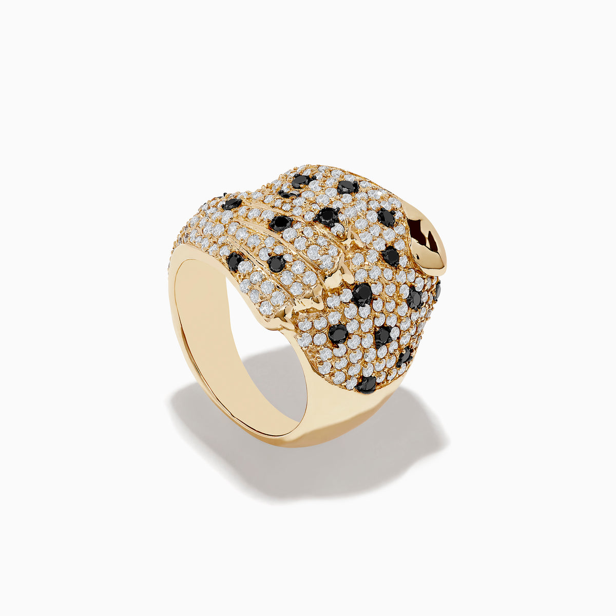 The Signature 14K Yellow Gold Emerald, Black and White Diamond Ring features a panther-inspired design with white and black diamond accents and an emerald gemstone eye, elegantly displayed against a white background.