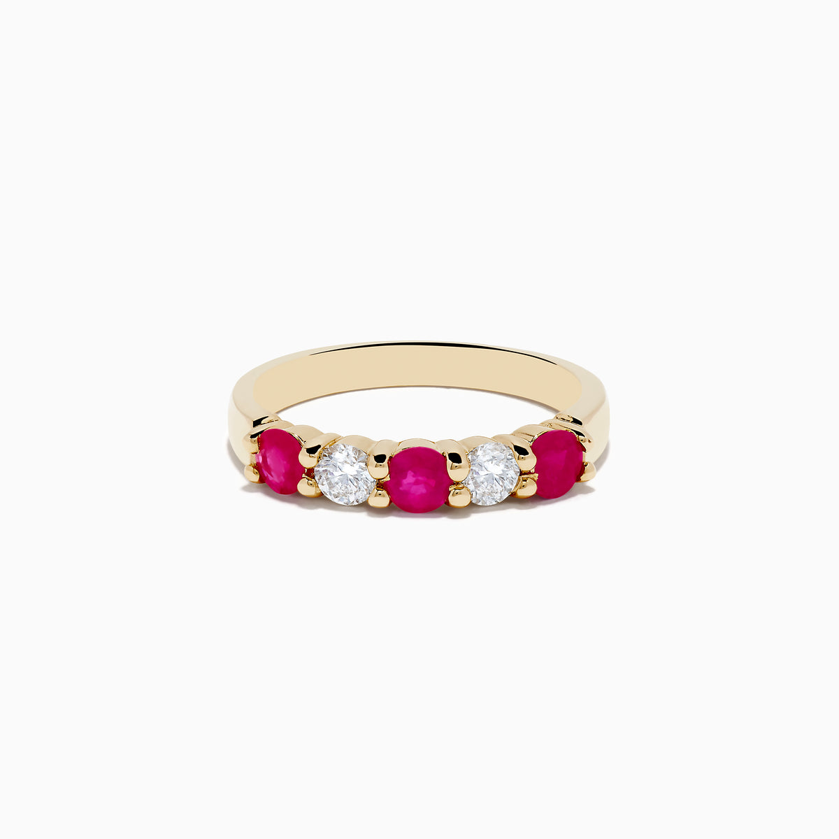 The 14K Yellow Gold Natural Ruby and Diamond Band, 1.08 TCW, features alternating round rubies and clear diamonds in a polished yellow gold setting, shown against a white background.