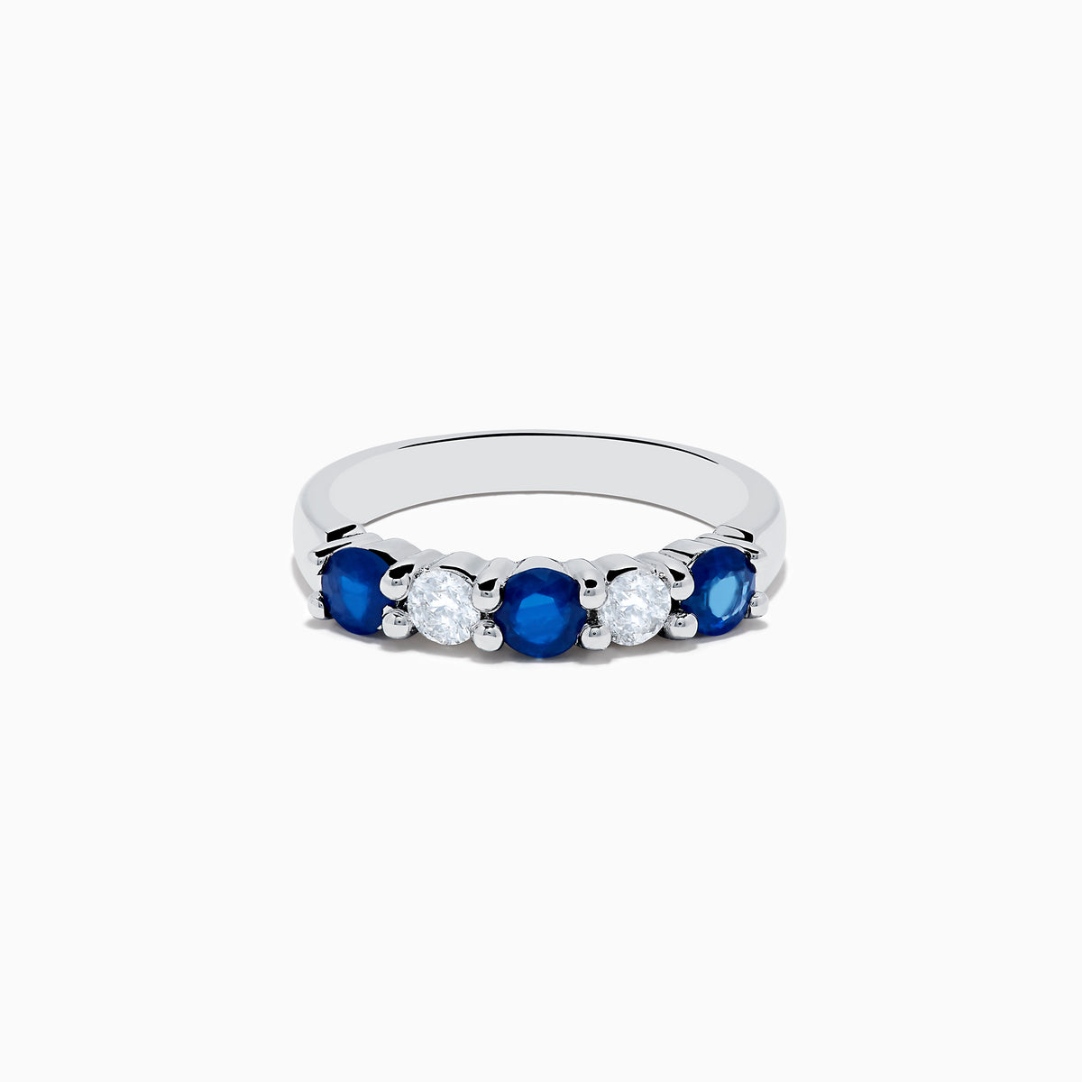The 14K White Gold Blue Sapphire and Diamond Ring, 1.14 TCW, showcases three round blue sapphires and two round diamonds set alternately across the band against a plain white background.