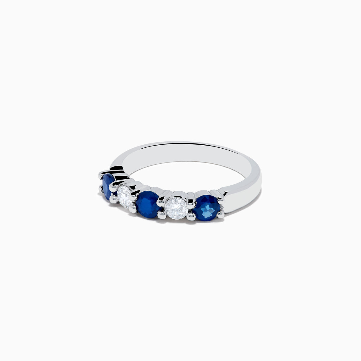 The 14K White Gold Blue Sapphire and Diamond Ring, 1.14 TCW, showcases three round blue sapphires and two round diamonds set alternately across the band against a plain white background.