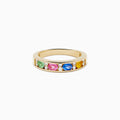 The Watercolors 14K Yellow Gold Multi Sapphire and Diamond Band features alternating green, pink, blue, and yellow sapphires with small diamonds on a plain white background, evoking the vibrant elegance of a sapphire band.