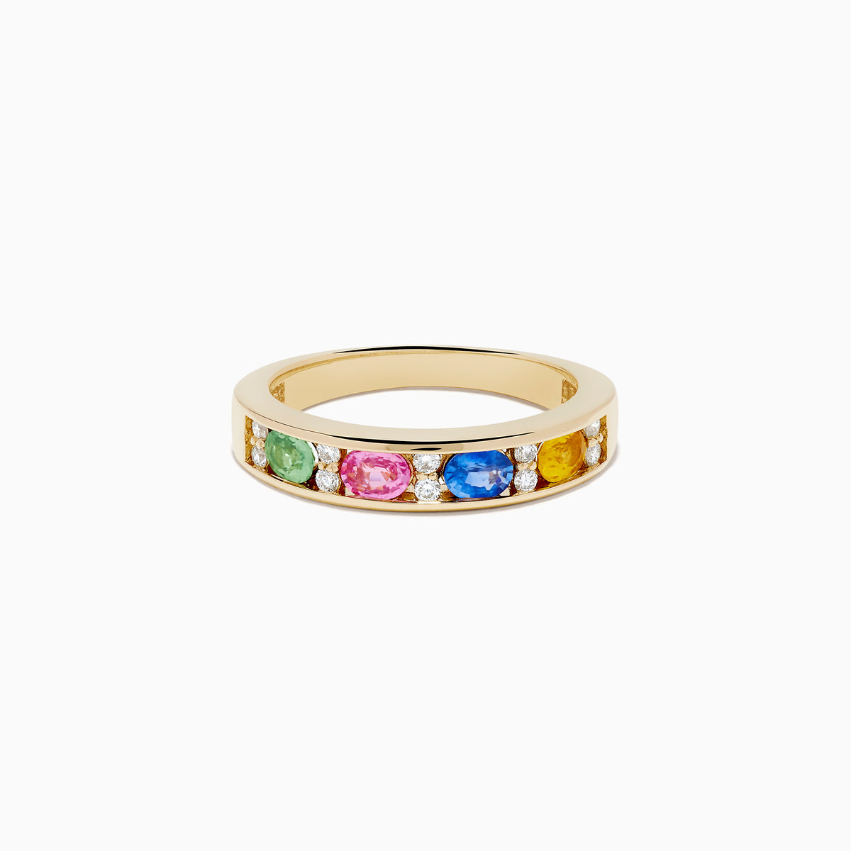 The Watercolors 14K Yellow Gold Multi Sapphire and Diamond Band features alternating green, pink, blue, and yellow sapphires with small diamonds on a plain white background, evoking the vibrant elegance of a sapphire band.