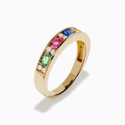 The Watercolors 14K Yellow Gold Multi Sapphire and Diamond Band features alternating green, pink, blue, and yellow sapphires with small diamonds on a plain white background, evoking the vibrant elegance of a sapphire band.