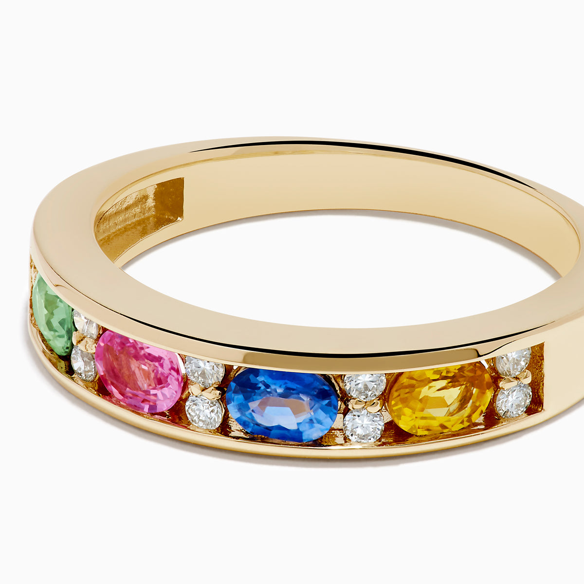 The Watercolors 14K Yellow Gold Multi Sapphire and Diamond Band features alternating green, pink, blue, and yellow sapphires with small diamonds on a plain white background, evoking the vibrant elegance of a sapphire band.