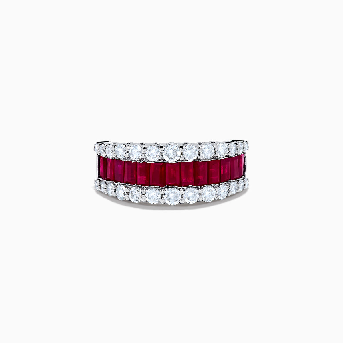 The Ruby Royale 14K White Gold Ruby and Diamond Wide Band showcases a central row of rectangular rubies flanked by sparkling round diamonds, all elegantly set in white gold against a plain white background.