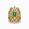 The Brasilica 14K Yellow Gold Emerald and Diamond Ring, 1.68 TCW, features a central rectangular emerald, diamond accents, and intricate filigree detailing for an elegant and elaborate design.