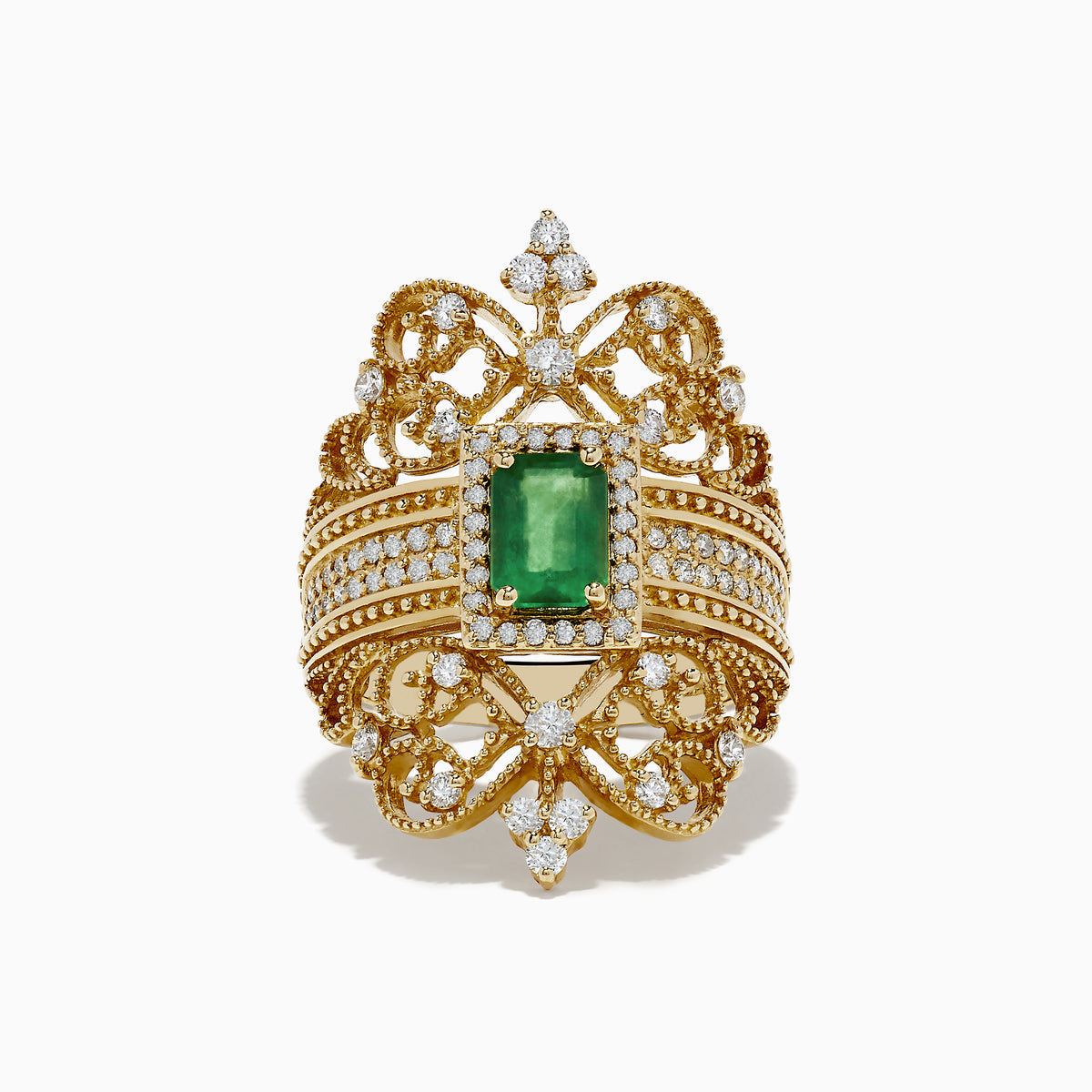 The Brasilica 14K Yellow Gold Emerald and Diamond Ring, 1.68 TCW, features a central rectangular emerald, diamond accents, and intricate filigree detailing for an elegant and elaborate design.