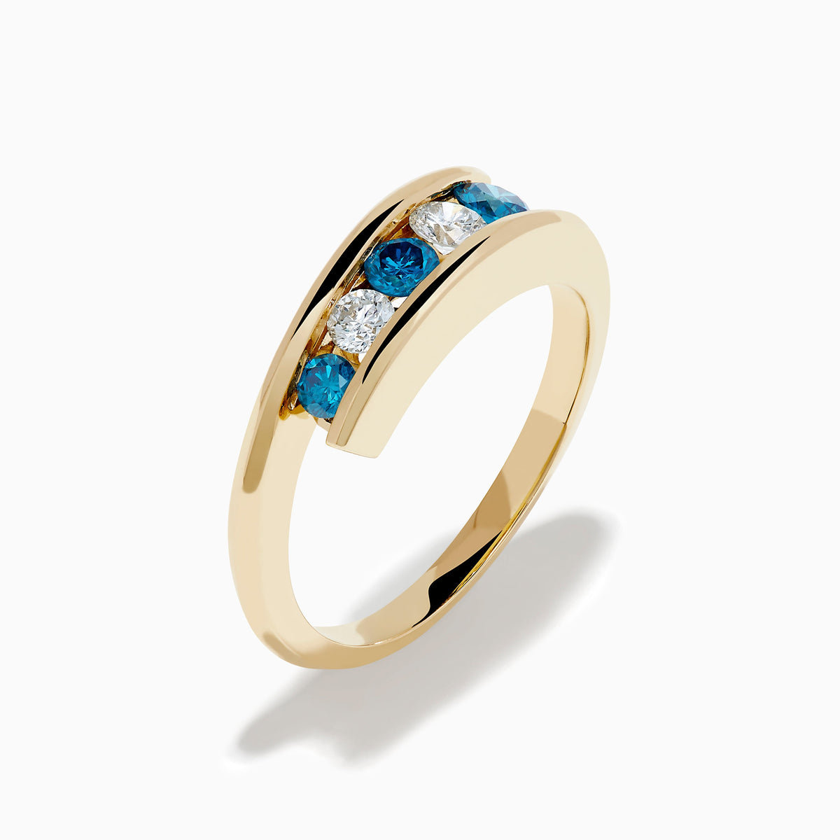 14K Yellow Gold Blue and White Diamond Channel-Set Bypass Ring