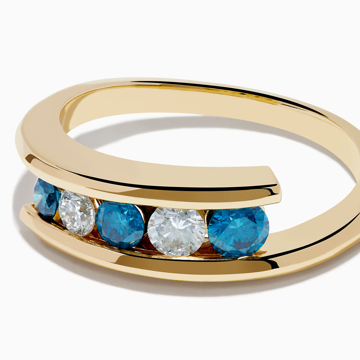 14K Yellow Gold Blue and White Diamond Channel-Set Bypass Ring