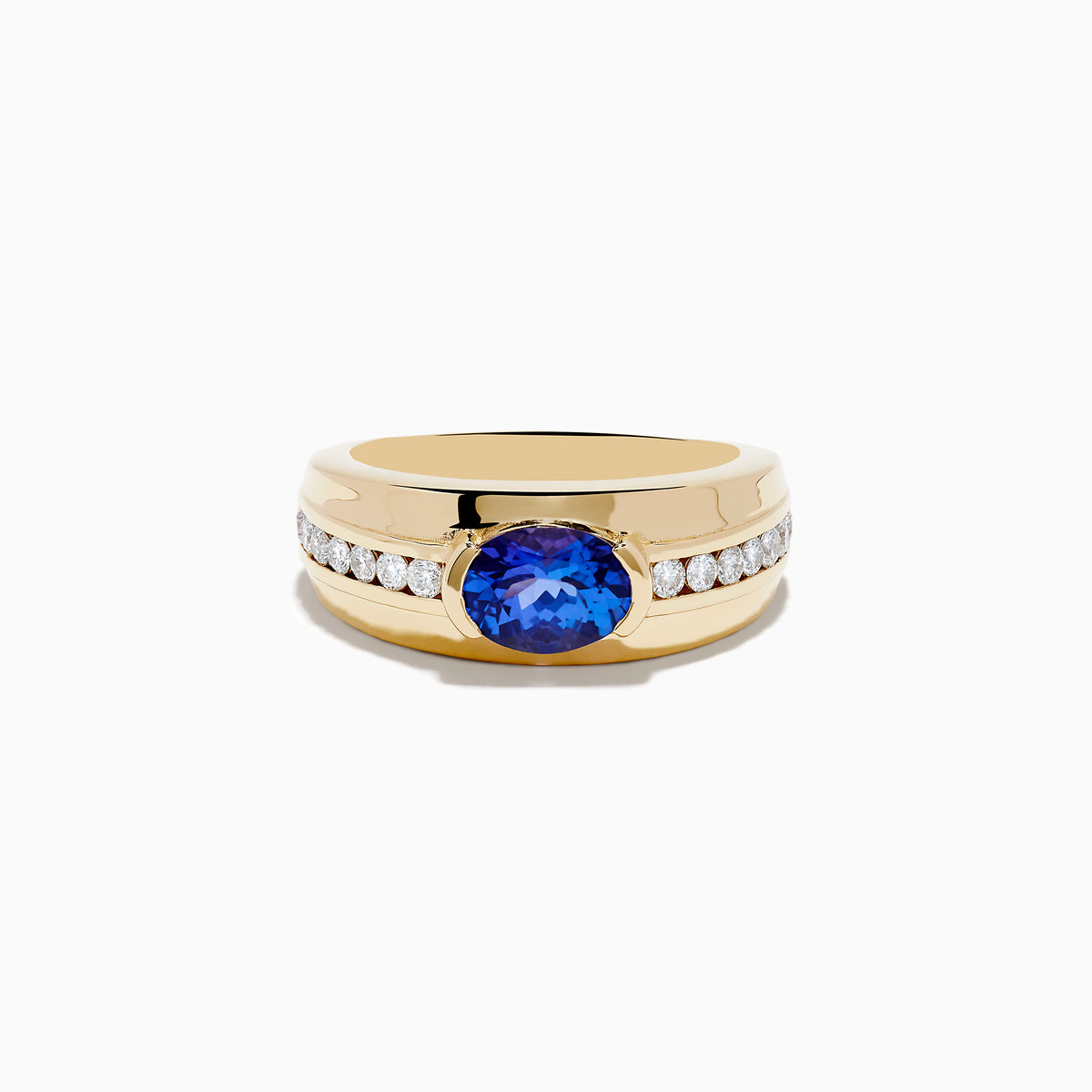 Mens 14K yellow gold ring with a large oval blue tanzanite center stone, accented by rows of small round white diamonds on each side.