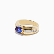 Mens 14K yellow gold ring with a large oval blue tanzanite center stone, accented by rows of small round white diamonds on each side.
