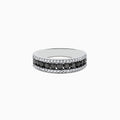 The 14K White Gold Black and White Diamond Ring features a central row of black gemstones, sparkling white diamonds on each side, and 0.89 TCW diamonds, shown against a plain white background.