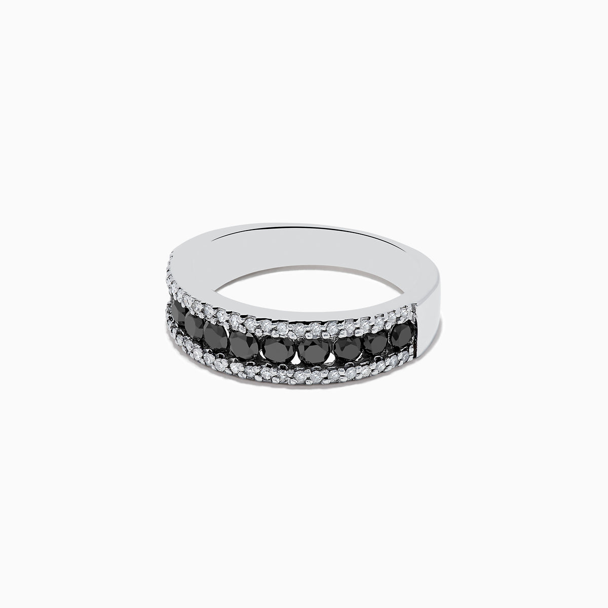 The 14K White Gold Black and White Diamond Ring features a central row of black gemstones, sparkling white diamonds on each side, and 0.89 TCW diamonds, shown against a plain white background.