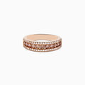 The 14K Rose Gold Espresso and White Diamond Ring (.89 TCW) features rows of white and brown diamonds in a wide band design, shown on a white background.