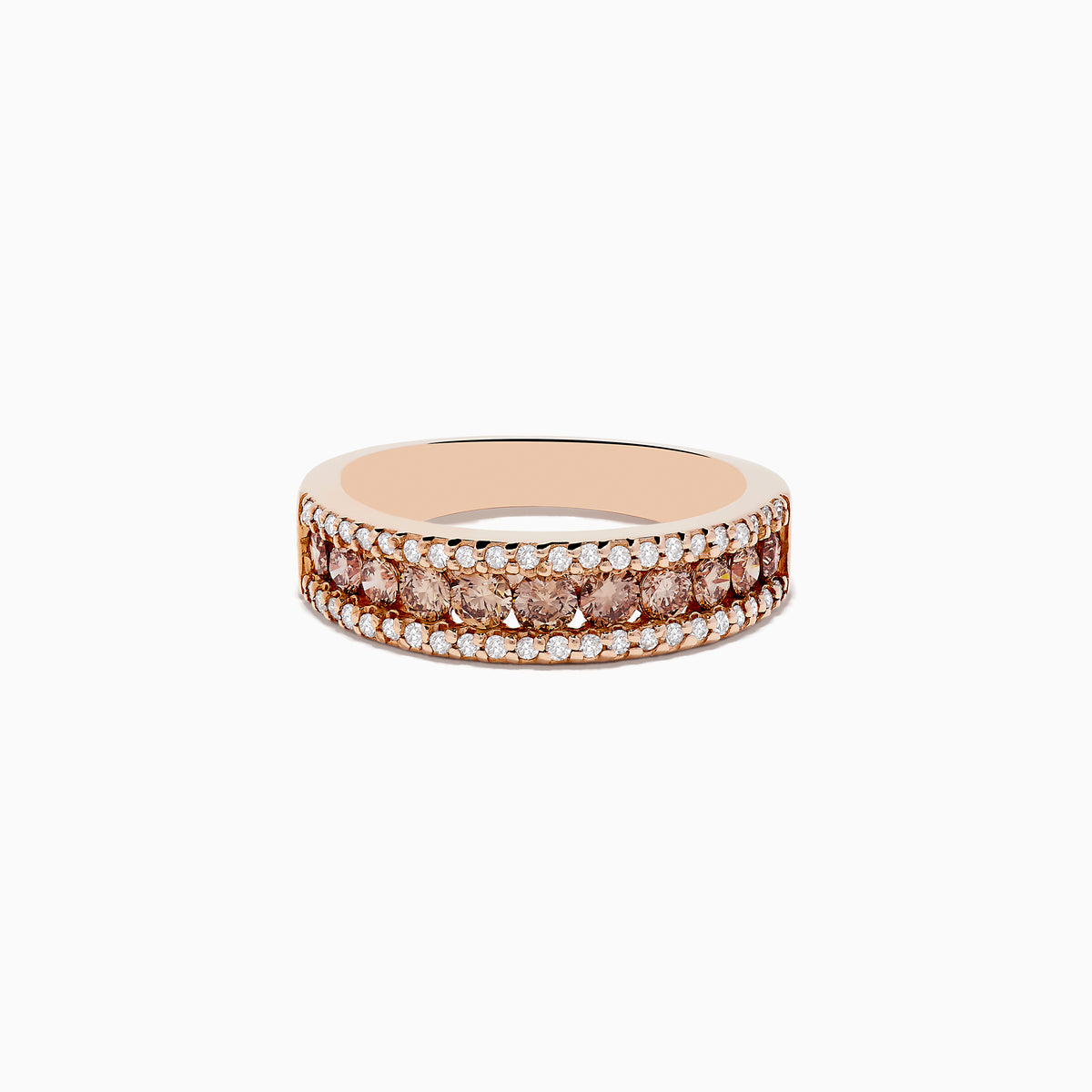 The 14K Rose Gold Espresso and White Diamond Ring (.89 TCW) features rows of white and brown diamonds in a wide band design, shown on a white background.