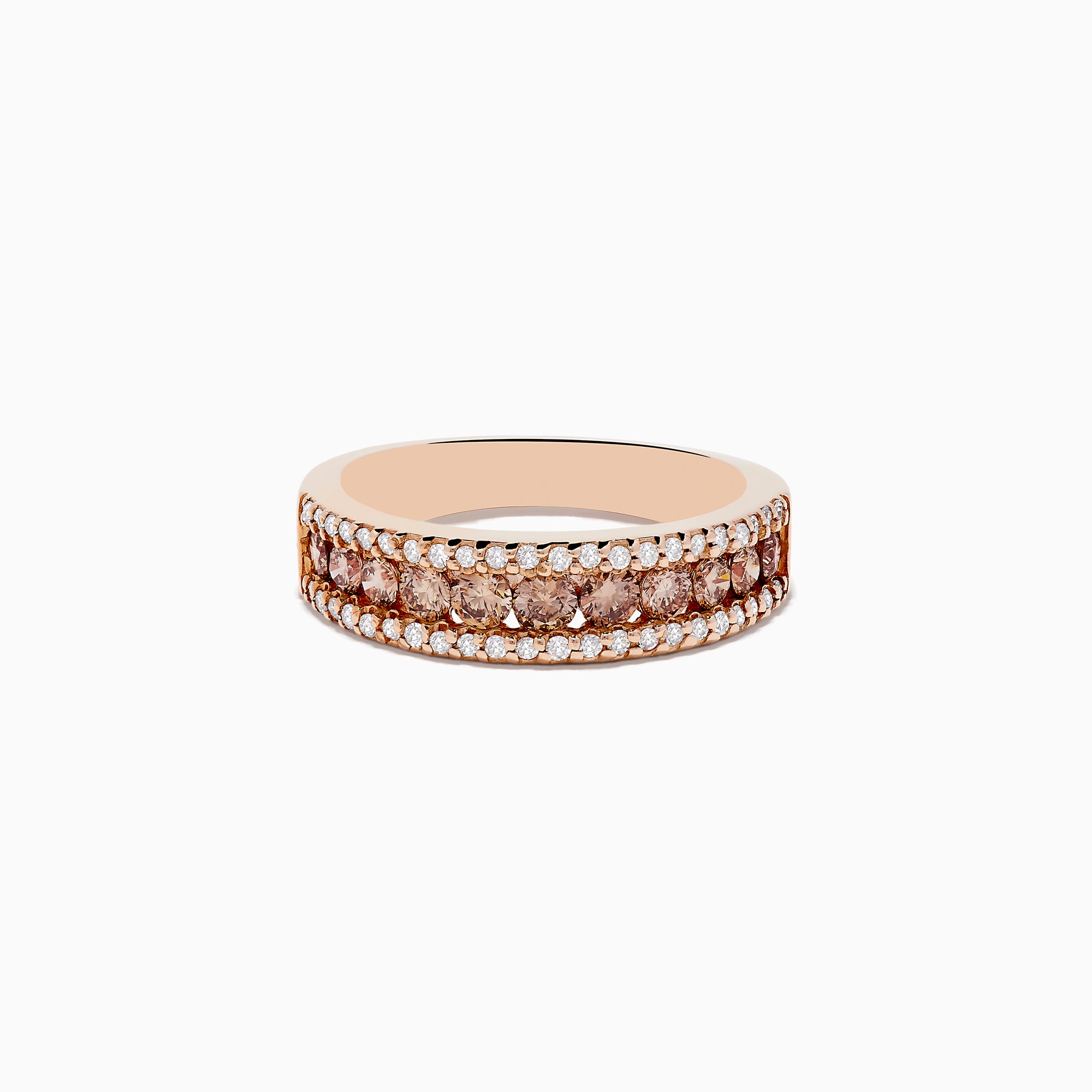 The 14K Rose Gold Espresso and White Diamond Ring (.89 TCW) features rows of white and brown diamonds in a wide band design, shown on a white background.