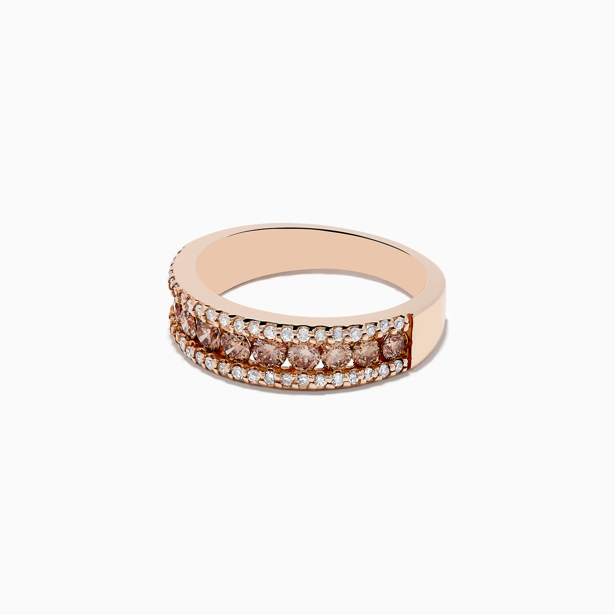 The 14K Rose Gold Espresso and White Diamond Ring (.89 TCW) features rows of white and brown diamonds in a wide band design, shown on a white background.