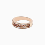 The 14K Rose Gold Espresso and White Diamond Ring (.89 TCW) features rows of white and brown diamonds in a wide band design, shown on a white background.