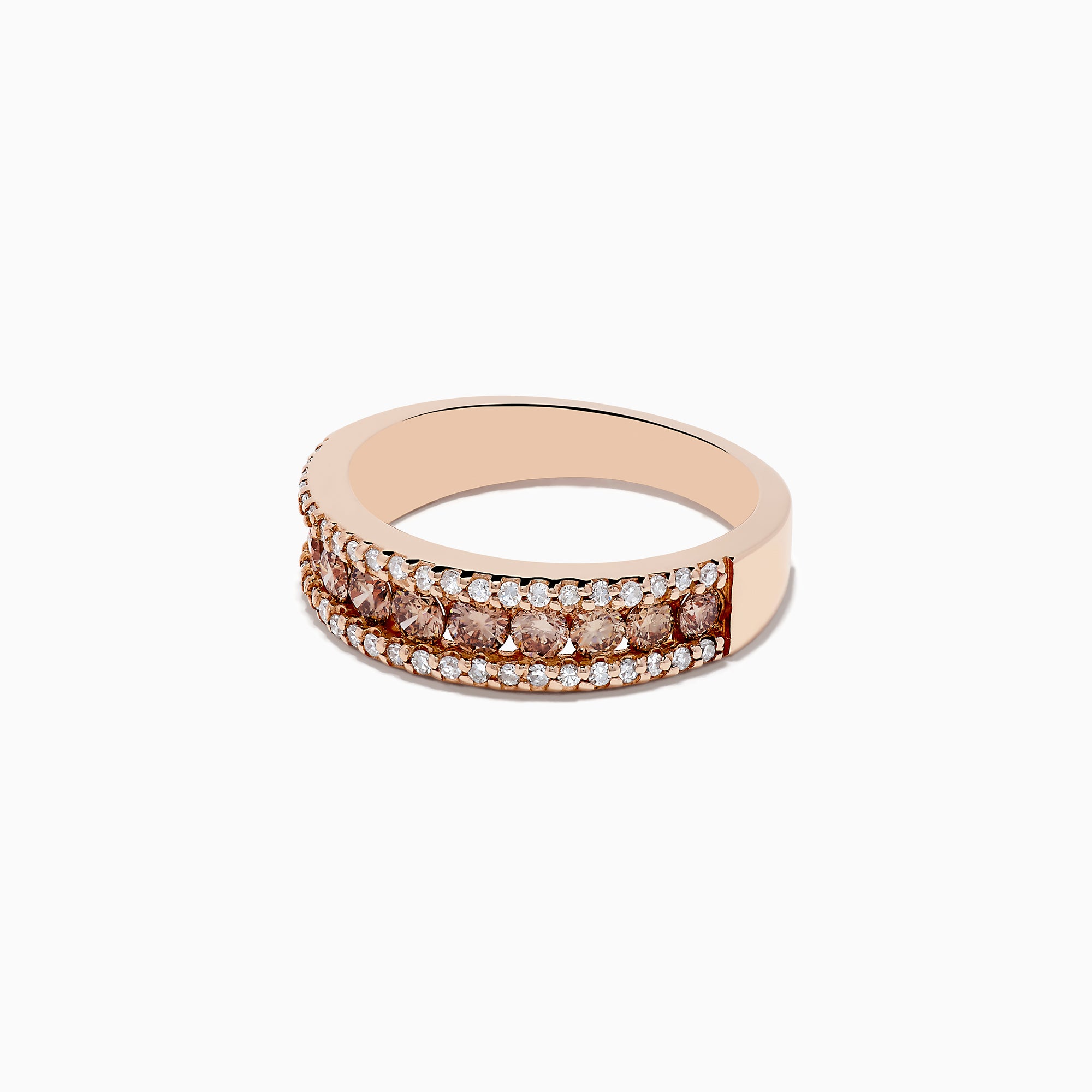 The 14K Rose Gold Espresso and White Diamond Ring (.89 TCW) features rows of white and brown diamonds in a wide band design, shown on a white background.