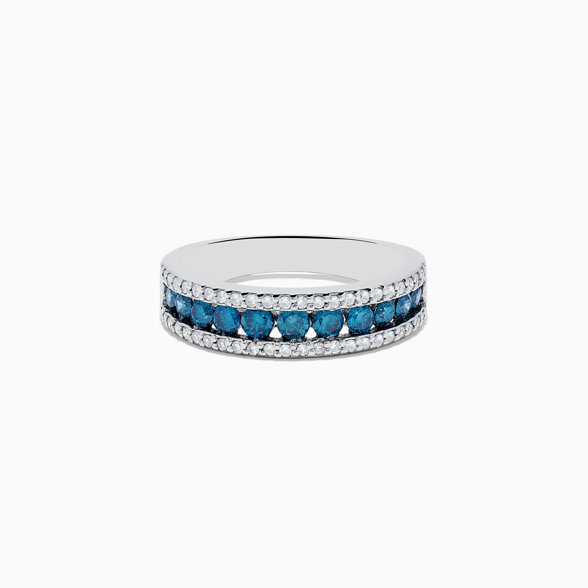 The Bella Bleu 14K White Gold Blue & White Diamond Ring (0.89 TCW) showcases a central row of blue diamonds bordered by two rows of white diamonds, all set in sleek white gold.
