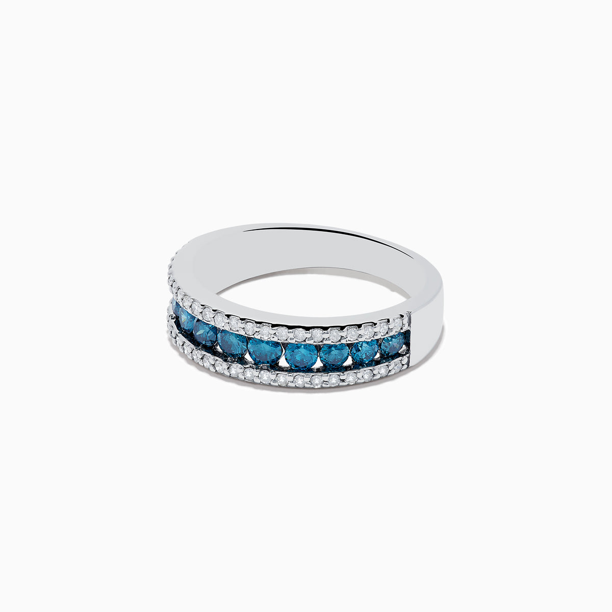 The Bella Bleu 14K White Gold Blue & White Diamond Ring (0.89 TCW) showcases a central row of blue diamonds bordered by two rows of white diamonds, all set in sleek white gold.