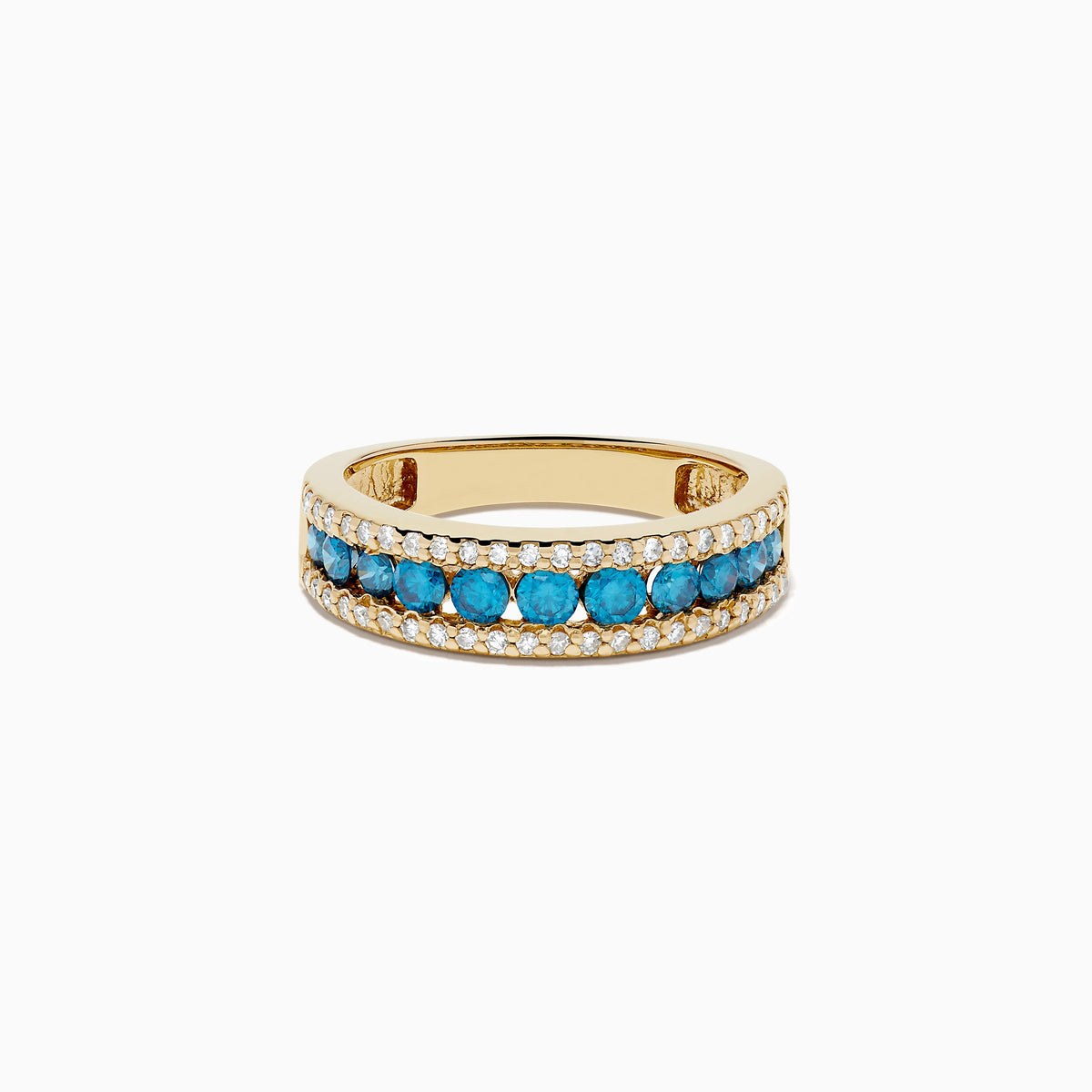 14K Yellow Gold Blue and White Diamond Three-Row Ring