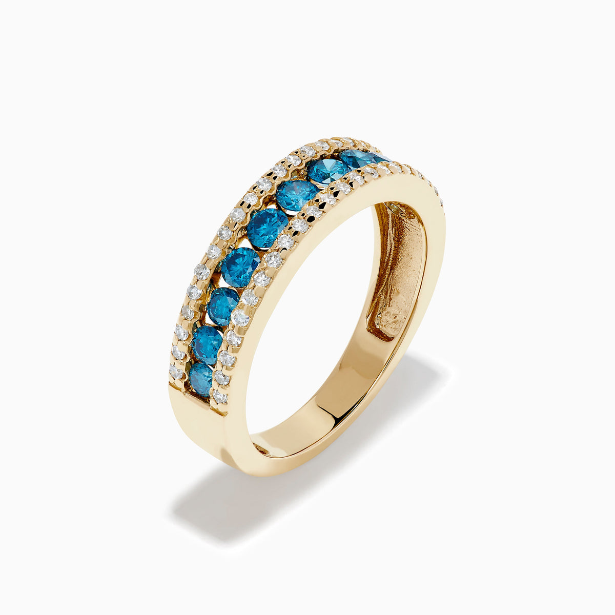 14K Yellow Gold Blue and White Diamond Three-Row Ring