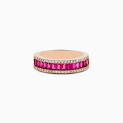 The Ruby Royal 14K Rose Gold Baguette Cut Ruby and Diamond Band, 1.28 TCW, showcases rectangular rubies set between sparkling diamond rows for an elegant update to the classic band.