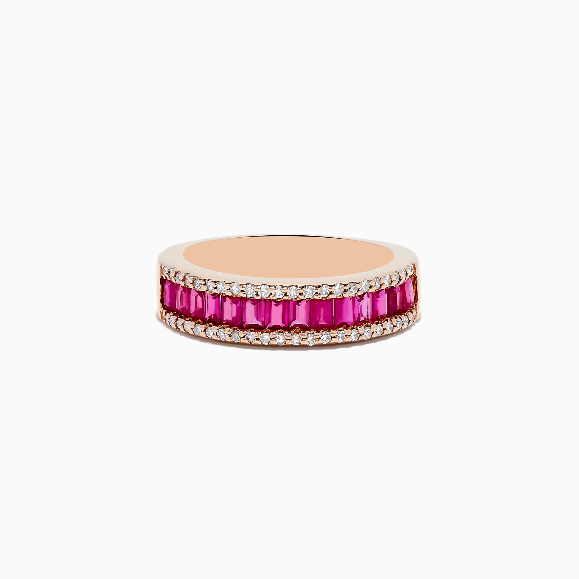 The Ruby Royal 14K Rose Gold Baguette Cut Ruby and Diamond Band, 1.28 TCW, showcases rectangular rubies set between sparkling diamond rows for an elegant update to the classic band.
