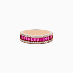 The Ruby Royal 14K Rose Gold Baguette Cut Ruby and Diamond Band, 1.28 TCW, showcases rectangular rubies set between sparkling diamond rows for an elegant update to the classic band.