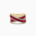The Ruby Royale 14K Yellow Gold Ruby Criss Cross Ring, 2.73 TCW, features rows of vivid rectangular rubies and sparkling diamonds in an elegant crisscross design, set against lustrous yellow gold.