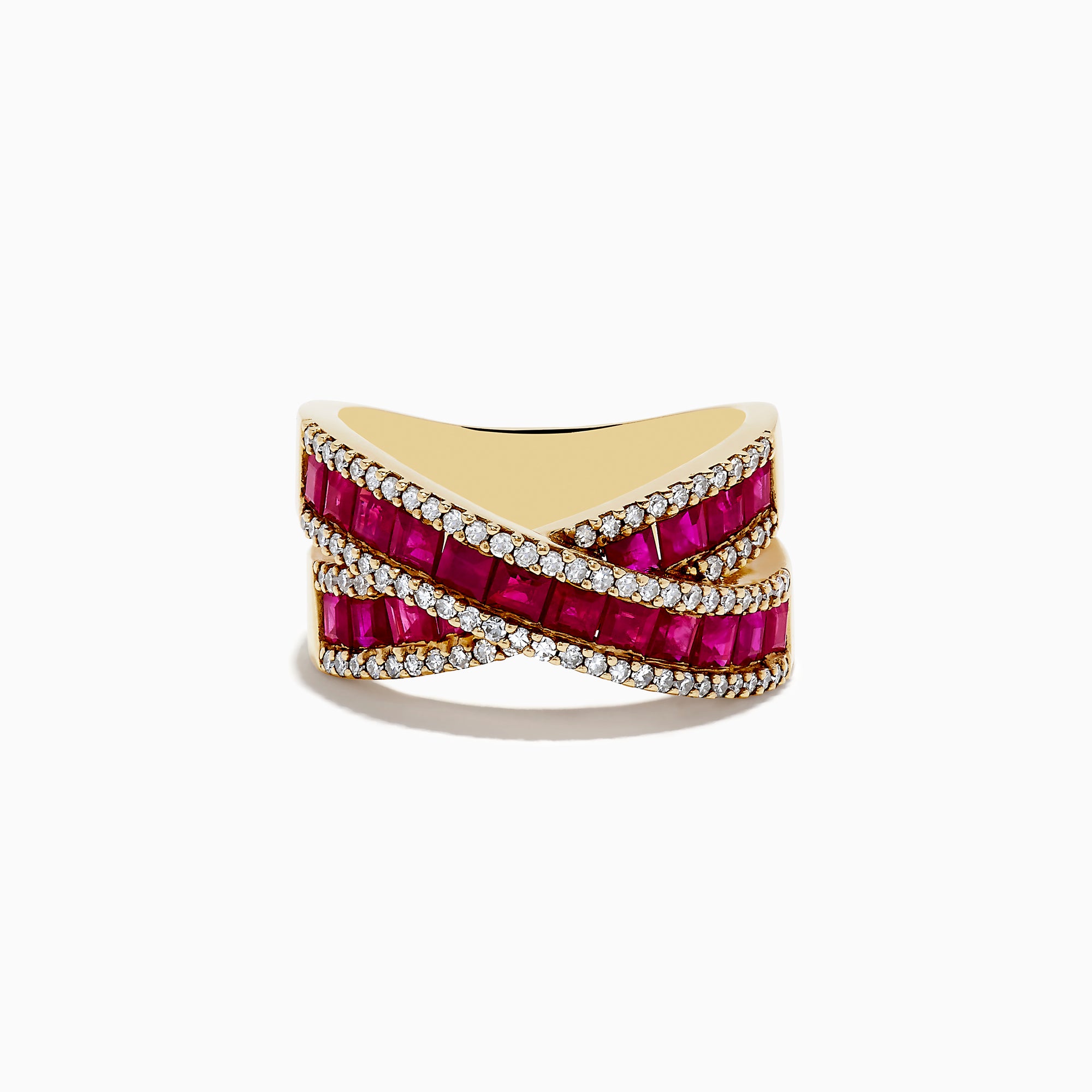 The Ruby Royale 14K Yellow Gold Ruby Criss Cross Ring, 2.73 TCW, features rows of vivid rectangular rubies and sparkling diamonds in an elegant crisscross design, set against lustrous yellow gold.
