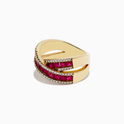 The Ruby Royale 14K Yellow Gold Ruby Criss Cross Ring, 2.73 TCW, features rows of vivid rectangular rubies and sparkling diamonds in an elegant crisscross design, set against lustrous yellow gold.