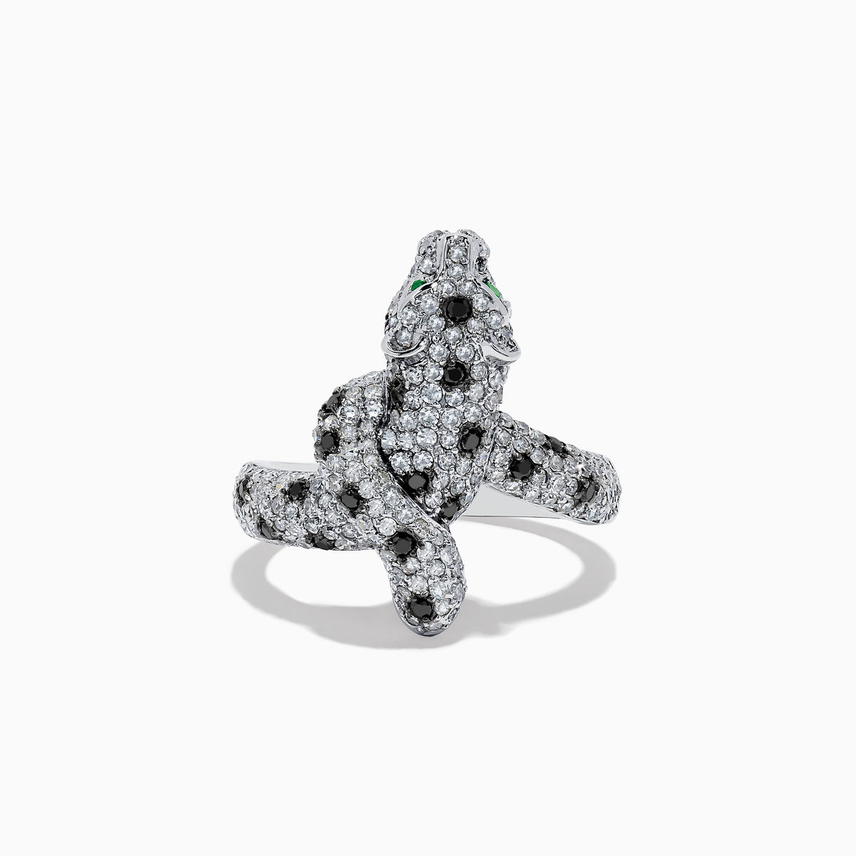 A stunning 14K White Gold Panther Ring adorned with white and black diamonds and vivid emerald eyes, shown against a white background.
