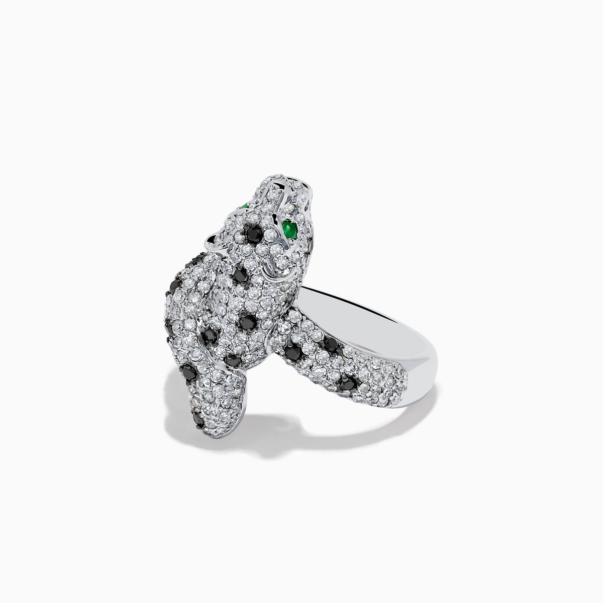 A stunning 14K White Gold Panther Ring adorned with white and black diamonds and vivid emerald eyes, shown against a white background.