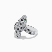 A stunning 14K White Gold Panther Ring adorned with white and black diamonds and vivid emerald eyes, shown against a white background.