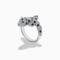 A stunning 14K White Gold Panther Ring adorned with white and black diamonds and vivid emerald eyes, shown against a white background.