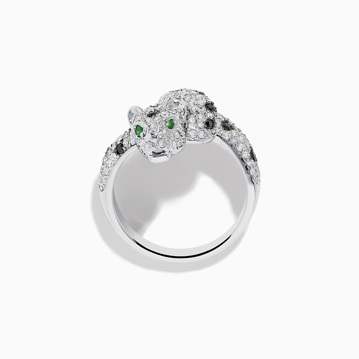 A stunning 14K White Gold Panther Ring adorned with white and black diamonds and vivid emerald eyes, shown against a white background.