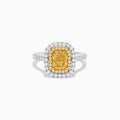 The 18K Gold Yellow and White Double Halo GIA Certified Diamond Ring showcases a large rectangular yellow diamond center, framed by double halos of round white diamonds and a diamond-adorned band.