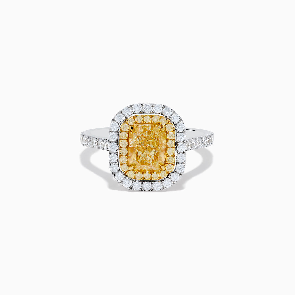 The 18K Gold Yellow and White Double Halo GIA Certified Diamond Ring showcases a large rectangular yellow diamond center, framed by double halos of round white diamonds and a diamond-adorned band.