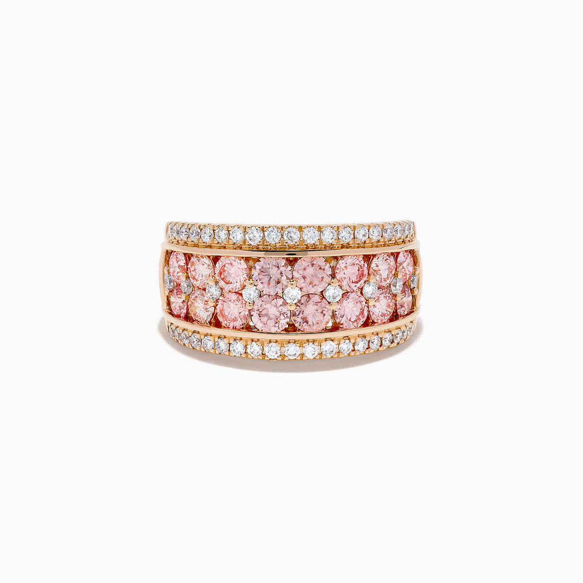 The Lab Grown Pink and White Diamond Statement Ring in 14K Rose Gold features a wide band with two rows of lab grown white diamonds on the edges and a central line of closely set pink diamonds for an elegant, eye-catching look.