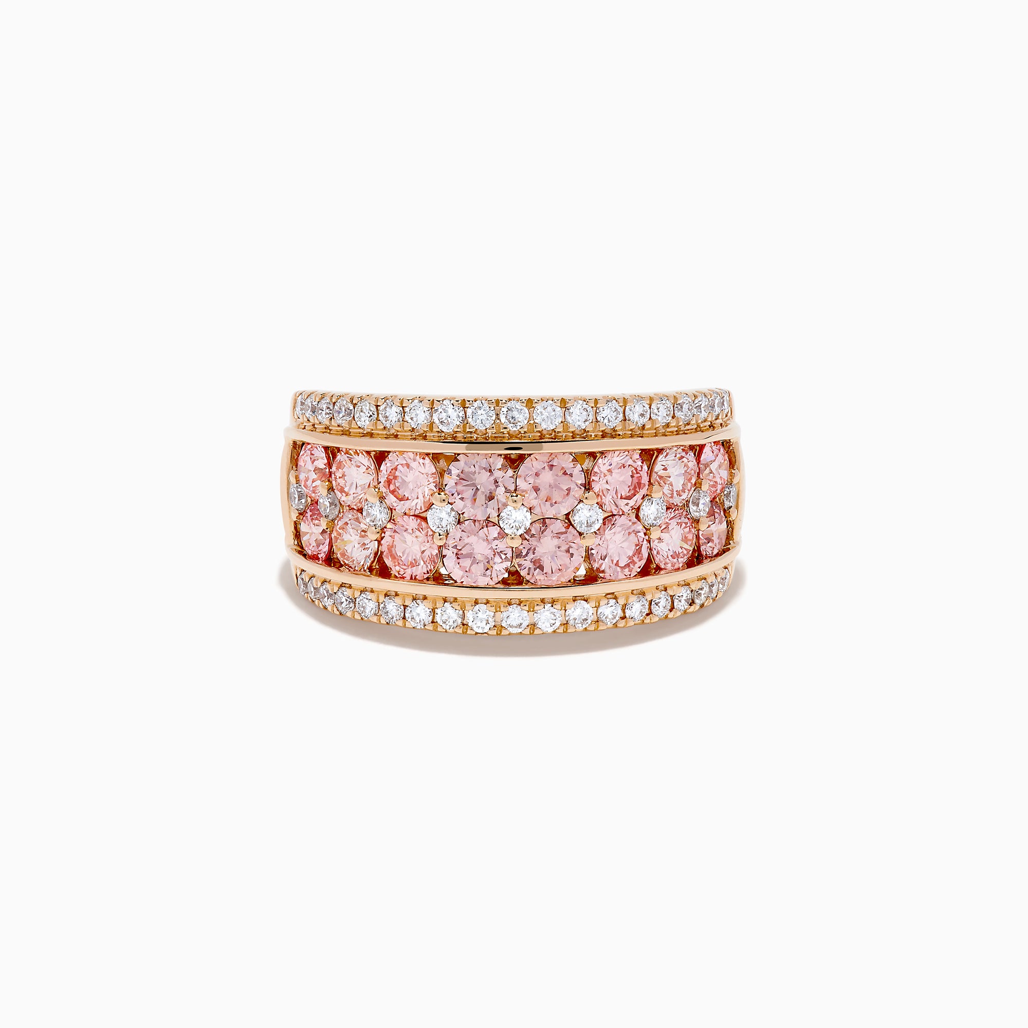 The Lab Grown Pink and White Diamond Statement Ring in 14K Rose Gold features a wide band with two rows of lab grown white diamonds on the edges and a central line of closely set pink diamonds for an elegant, eye-catching look.