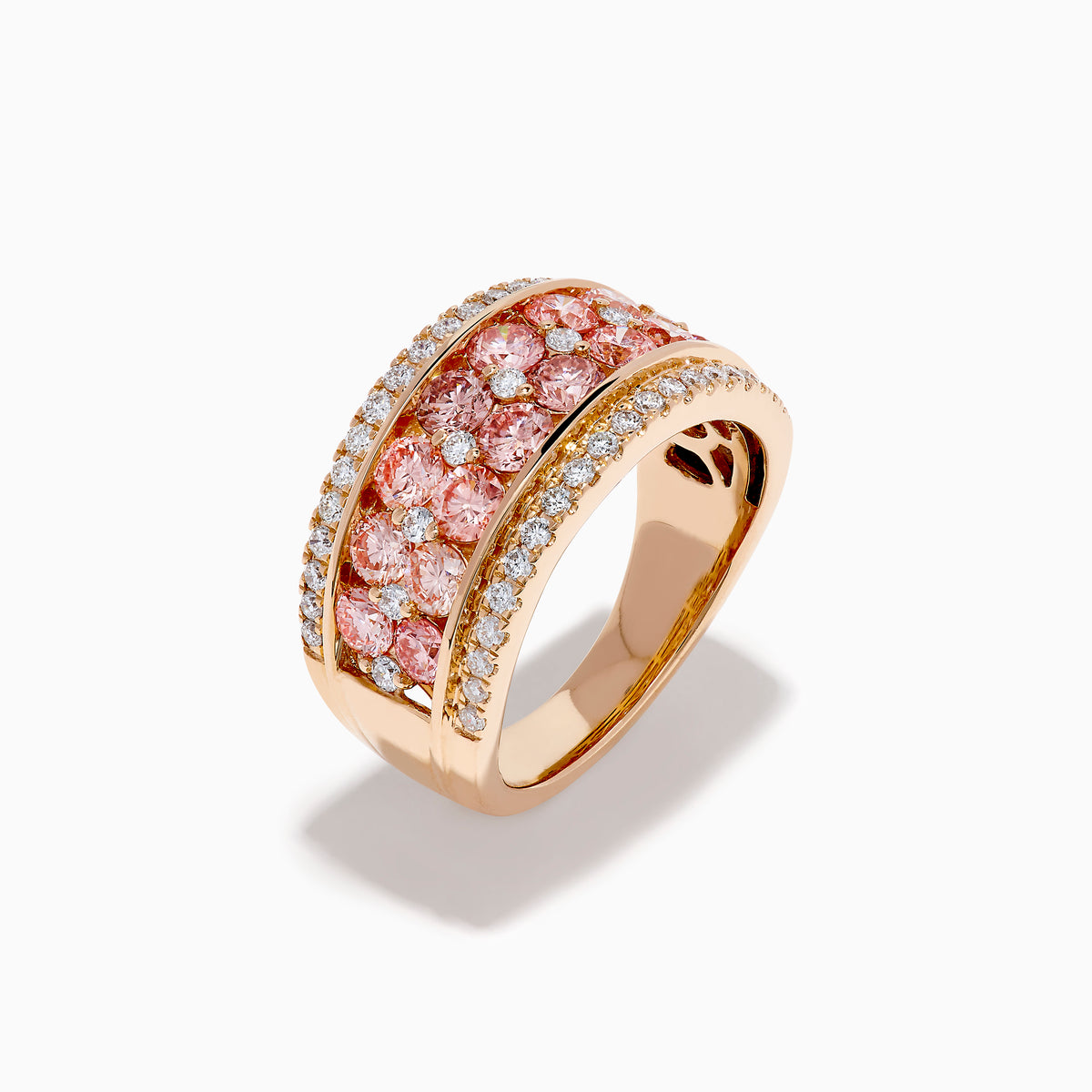 The Lab Grown Pink and White Diamond Statement Ring in 14K Rose Gold features a wide band with two rows of lab grown white diamonds on the edges and a central line of closely set pink diamonds for an elegant, eye-catching look.